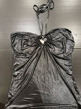 Shimmery Black Halter Top with Heart Cutouty